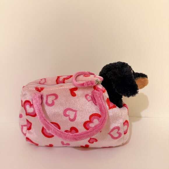Fancy Pals Dachshund Dog Plush in Purse Heart Print Purse - Picture 2 of 12